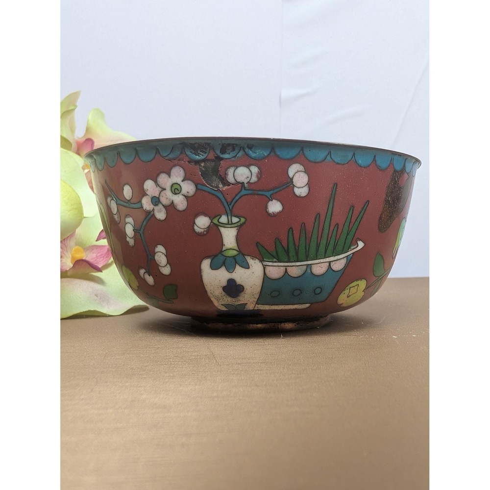 Vintage Cloisonne‎ Enamel Bowl Floral Design Red Blue Trinket Dish - Picture 5 of 6